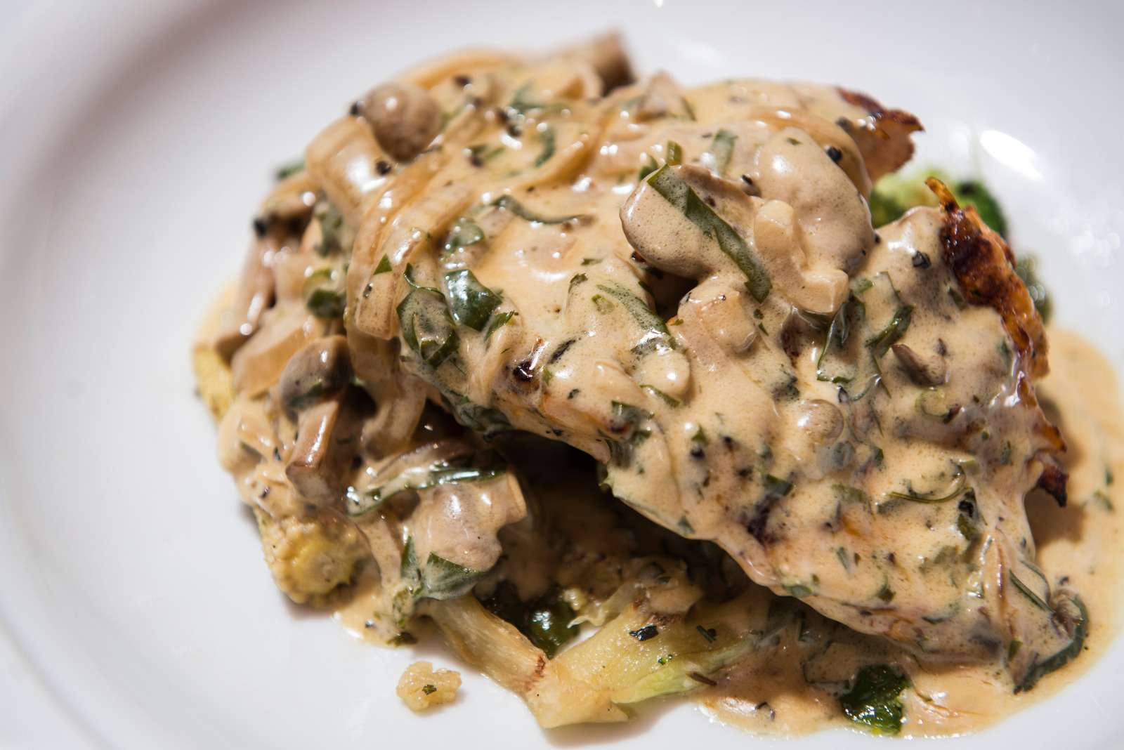 Chicken Fillets in Mushroom Sauce served with oven roasted root vegetables