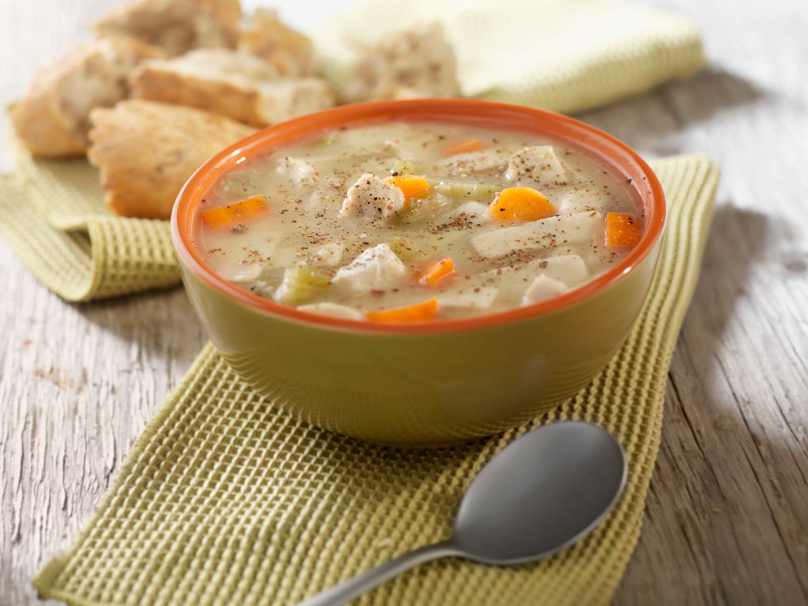 Chunky Chicken Noodle Soup with Crusty Bread- Photographed on Hasselblad H3D2-39mb Camera