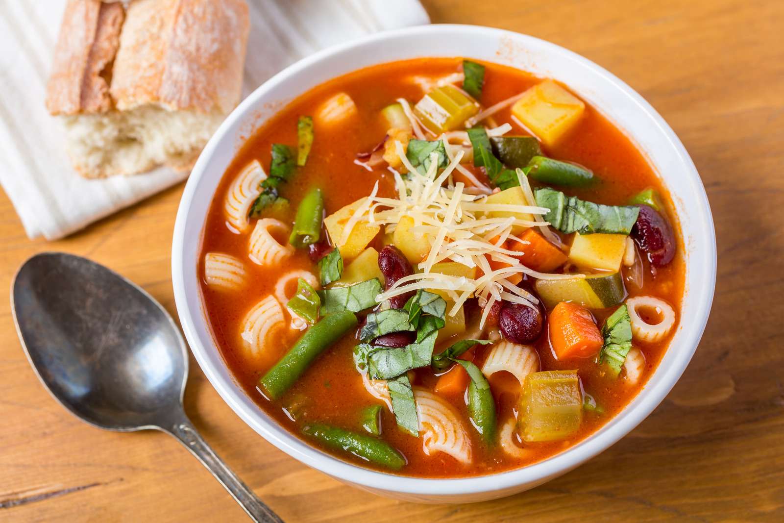 Bowl of Minestrone Soup with Pasta, Beans and Vegetables