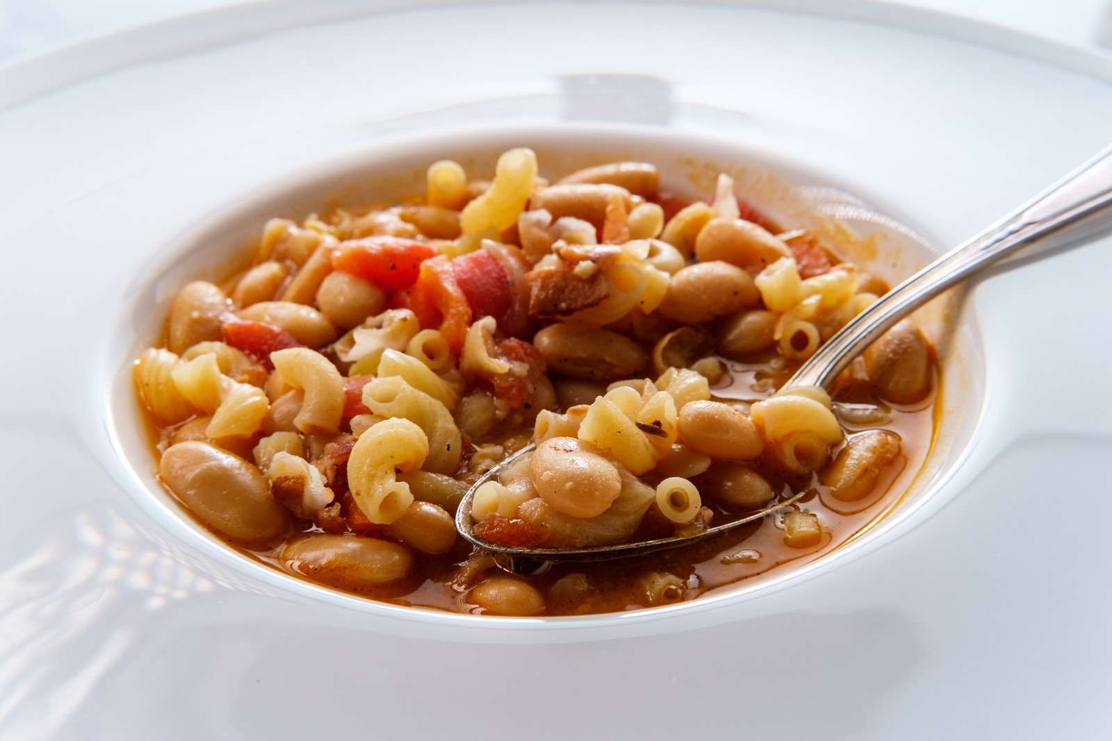 Traditional Italian peasant bean soup pasta e fagioli with gluten-free elbow macaroni noodles