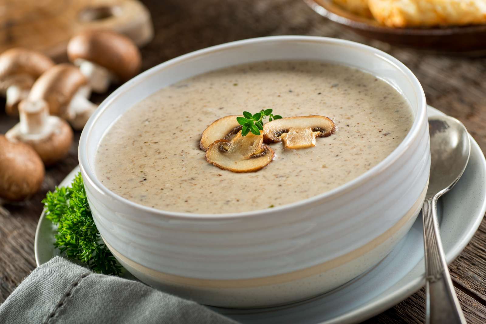 A bowl of delicious homemade cream of mushroom soup.