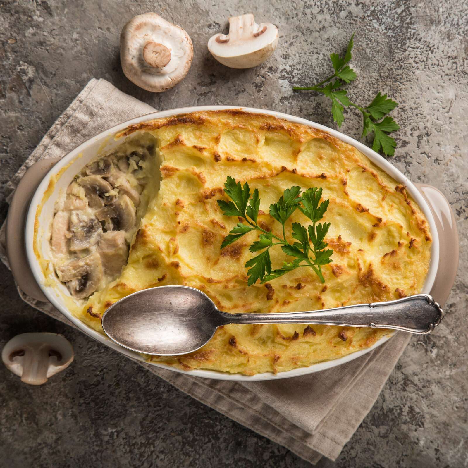 shepherd's pie. Chicken, mushrooms and mashed potatoes casserole